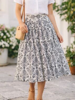 LOFT Black White Damask Midi Skirt Size 6 Cotton Lined Preppy Cottagecore